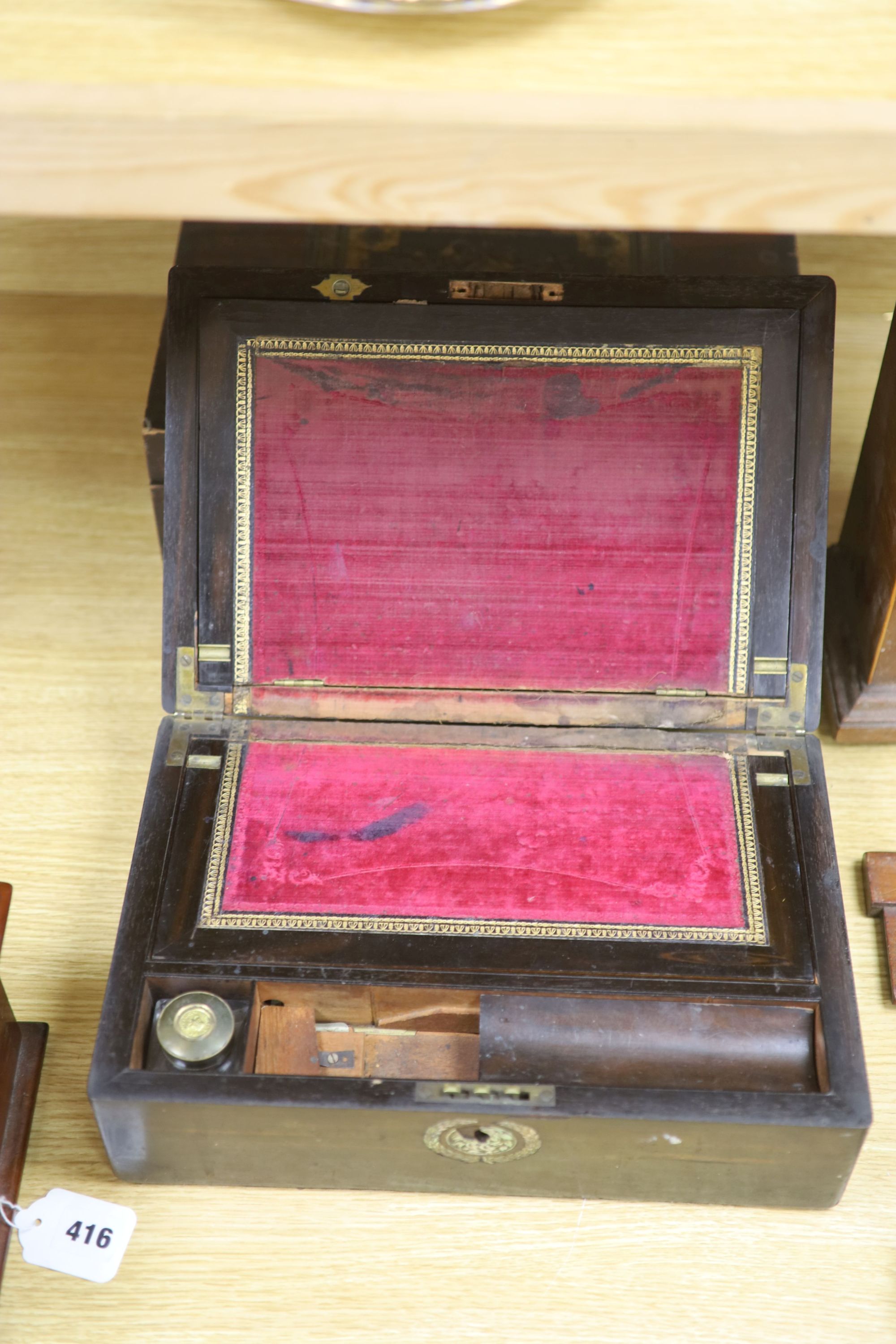 Two 19th century boxes and a Victorian coromandel writing slope, 35cm